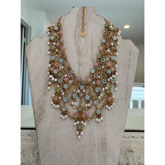 Jose and Maria Barrera Pearl Flower Pink Blue Gold Pastel Necklace Hard to Find - Picture 1 of 5